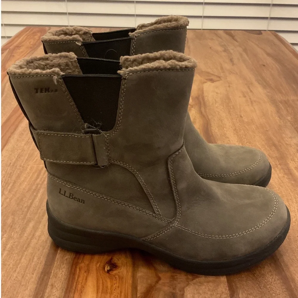 LL Bean TEK2.5 Waterproof Ankle Boots Womens 8 Medium Olive Green Faux Fur